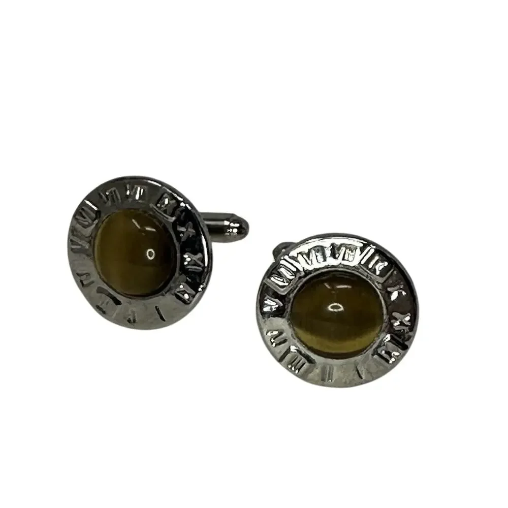 Vintage MCM Silvertone Cat’s Eye Cabochon Roman Numeral Bezel Cuff Links